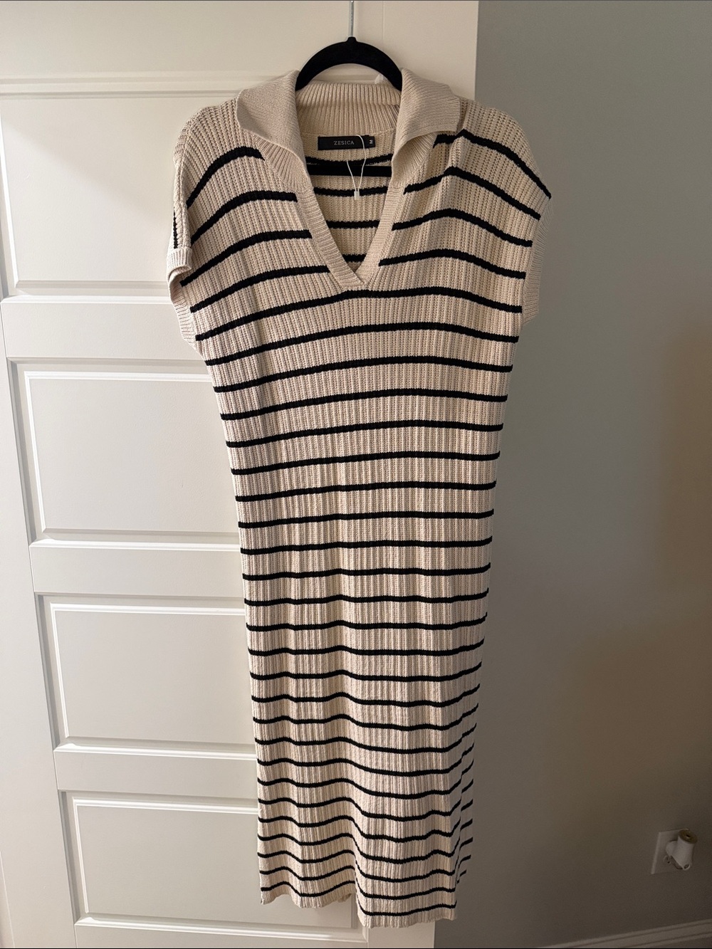 Striped Rib-Knit Polo Dress in Cream and Black